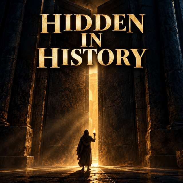 Hidden in History podcast cover: a hooded figure with a lamp walking through a giant stone doorway